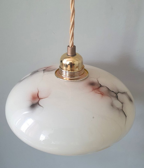 Vintage gemarmerder hanglamp - opaline glas - Art Deco – Hanglampen, Metal (photo 2 of 16)