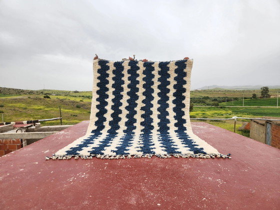 Groot gestreept Berber vloerkleed 274x208 cm – Crème & blauwe wol – Grafisch patroon (photo 3 of 10)