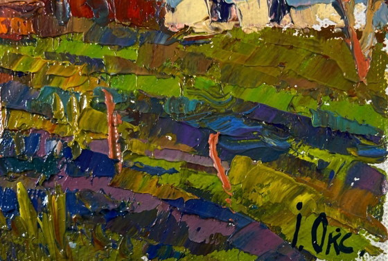 Image 1 of Original Oil Painting Evening Village Landscape Light and joy in every breath of air