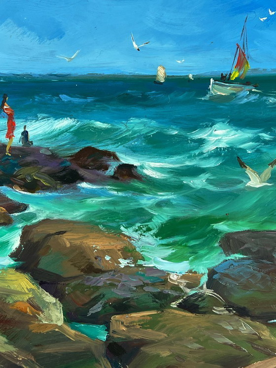 Image 1 of Dipinto ad olio originale: paesaggio marino con rocce, barca a vela, costa e onde del mare.