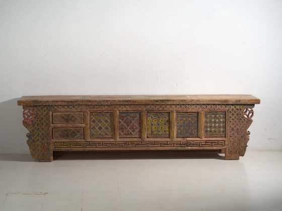 Antique Chinese carved fir low sideboard with ornate panels – Gansu, circa 1930 (photo 30 of 40)