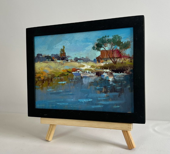 Image 1 of Original Oil Painting Summer Village Landscape Sailboats on the shore