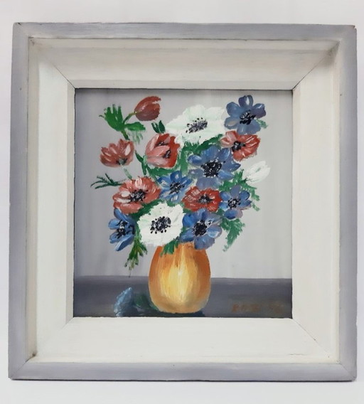 Dipinto ad olio d'epoca su pannello di truciolato, raffigurante fiori in un vaso