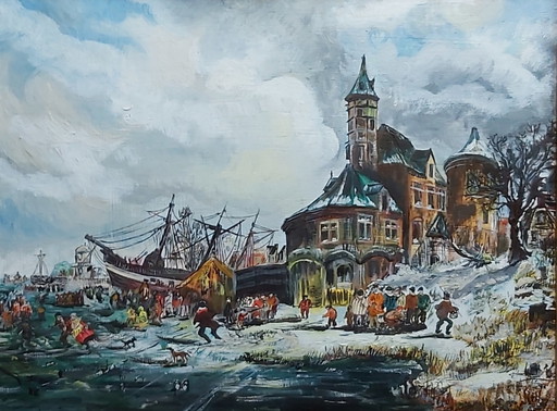 Winter on the Ice - oil on panel in a beautiful frame