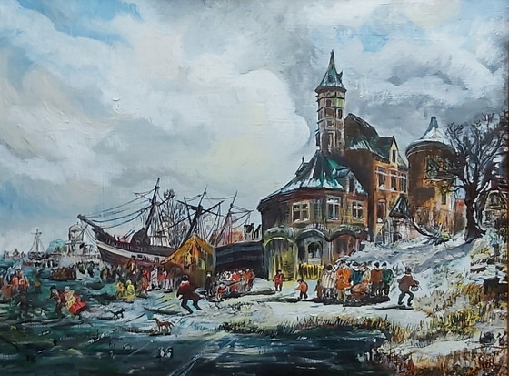 Image 1 of Winter on the Ice - oil on panel in a beautiful frame