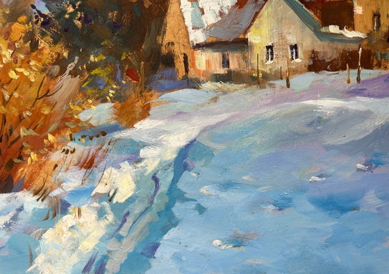 Image 1 of Pintura al óleo original Paisaje de pueblo nevado Montones de nieve invernales cerca de la casa