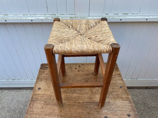 Rustic 1950s wood and straw stool