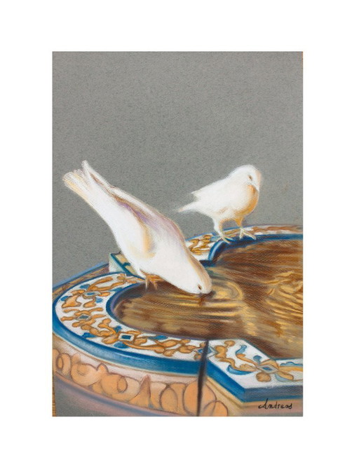 Pigeons drinking from the fountain. Drawing of pigeons. Painting of pigeons. Picture of pigeons. New.