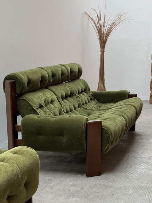 BRASILIAN BRUTALIST 3-seater SOFA WOODEN VENEER GREEN JEAN GILLON STYLE 1970s