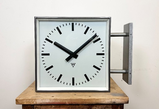 Large Industrial Square Double Sided Factory Wall Clock from Pragotron, 1970s