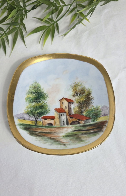 Vintage Limoges Porcelain Dish Landscape Decor Gilded Border