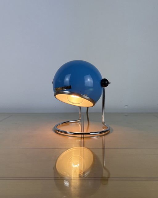 Table Lamp, Targetti Sankey Metal, Eyeball, 70s, Italy, Space Age, Sputnik design, 1970s, Blue Vintage Lamp with Chrome Stand