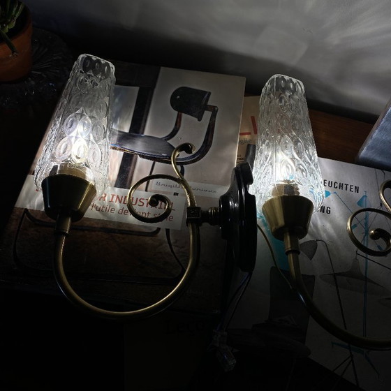 Pair of Brass Wall Sconces with Square Tulip Shades in Clear Glass – Wall lights (photo 8 of 9)