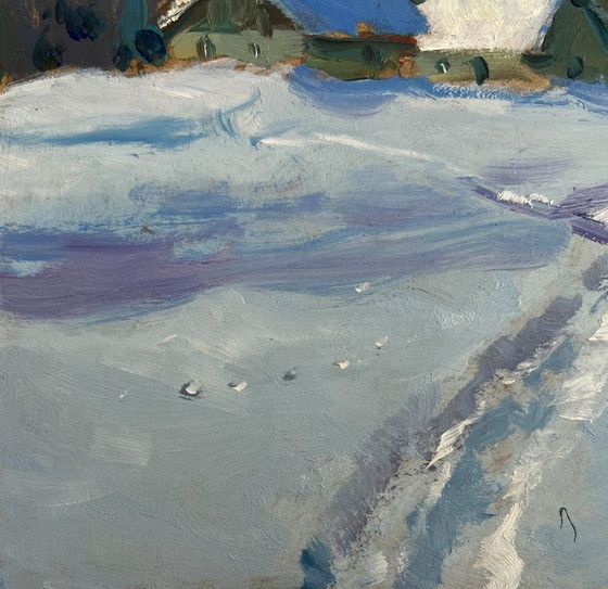 Image 1 of Original Oil Painting Winter Village Landscape Snowy path to the village