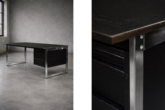 Image 1 of Vintage Mid-Century Danish Modern Minimalist Black Oak Desk with Chrome Base, 1970s