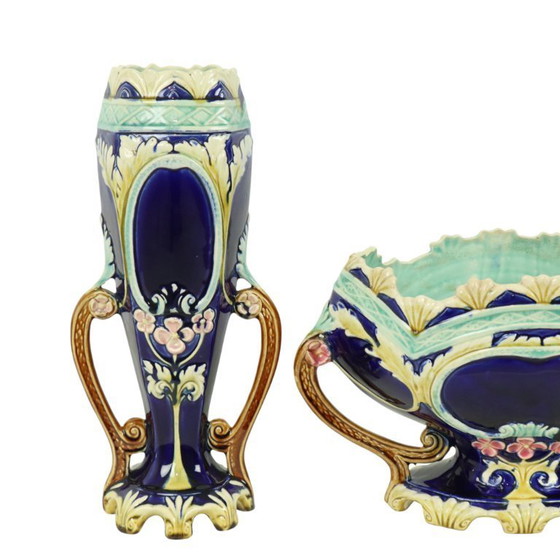 Image 1 of Art Nouveau Barbotine Majolica Vazen Jardinière Set van 3
