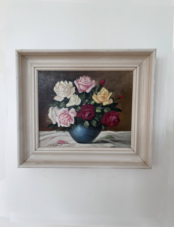 Image 1 of Peinture à l'huile originale vintage représentant des roses, signée.