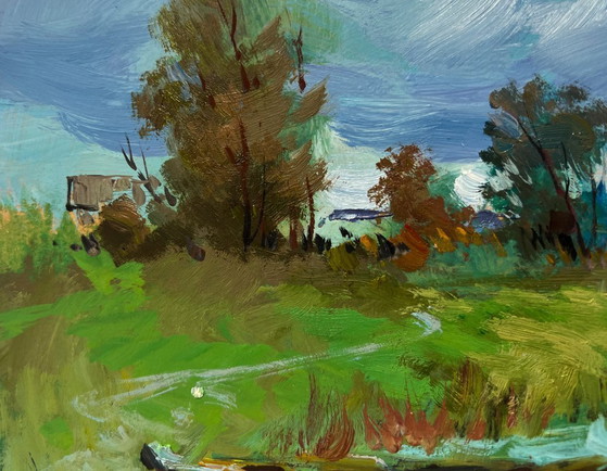 Image 1 of Dipinto ad olio originale, paesaggio costiero estivo, malinconia fluviale.