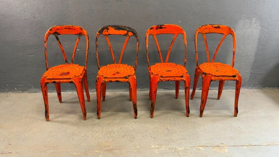 Image 1 of Set van vier industriële metalen eetkamerstoelen van Joseph Mathieu, gelakt staal, jaren 1920, Frankrijk
