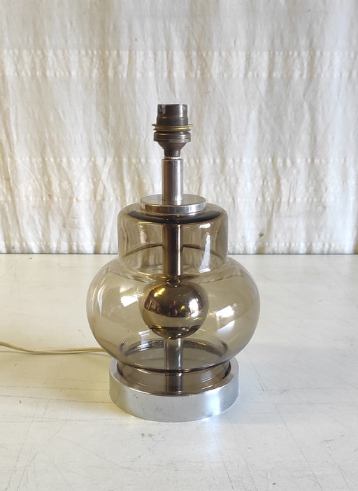 Space Age table lamp base in chromed metal and smoked glass - 1970s