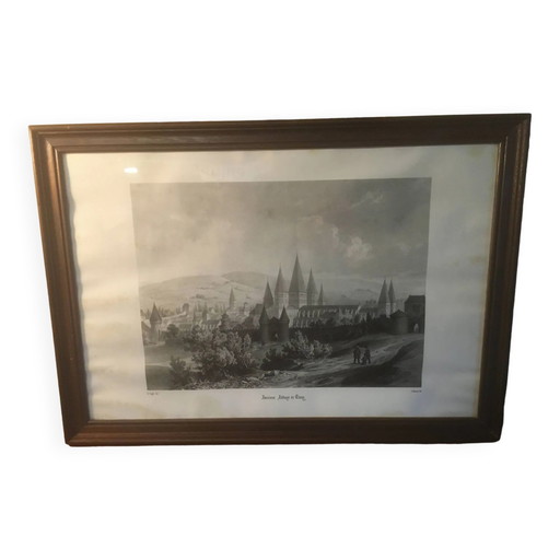 Gravure de l'Abbaye de Cluny encadrée par E.Sagot fin XIXe siècle