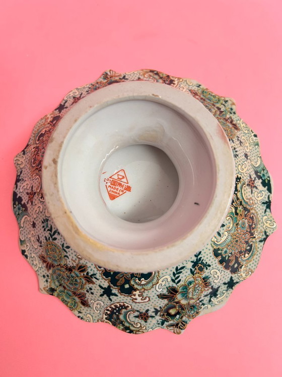 Image 1 of Vintage Satsuma pedestal serving dish, Japanese bird-themed serving dish