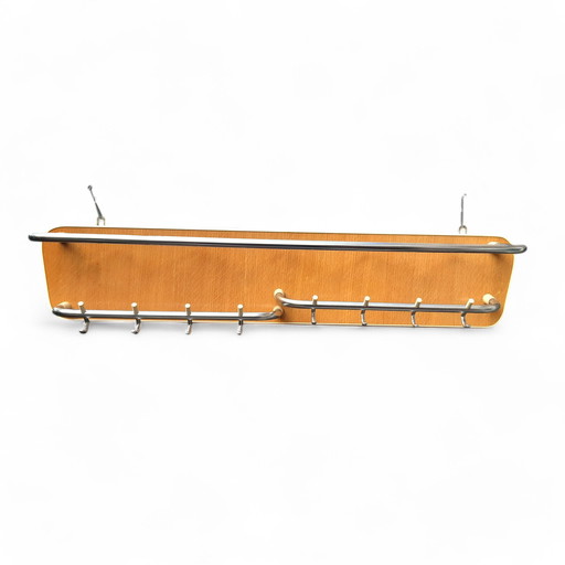 Vintage Design Coat Rack With Hat Rack, Chrome, Teak Wood 100Cm