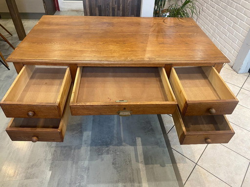 Scrivania a 5 cassetti in legno massello di rovere, 150x85cm, circa 1950