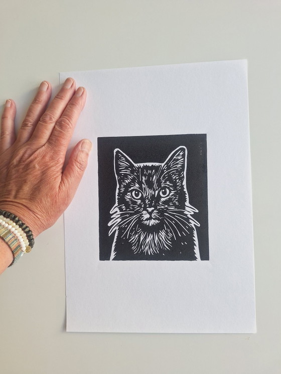 Linogravure 'Black cat' – M. Jasperse, Objets d'art, Papier (photo 3 of 6)