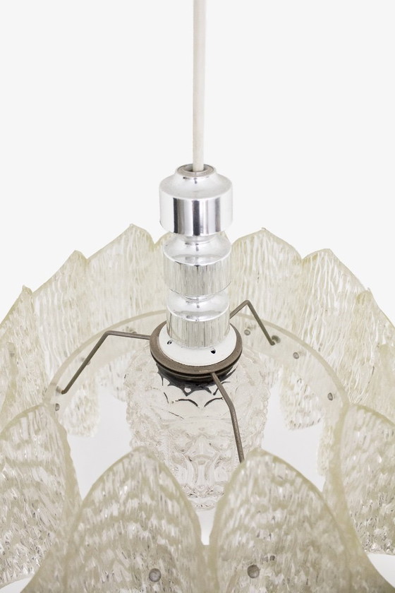 Image 1 of 70s ME Marbach Leuchten ‘ice glass’ acrylic pendant lamp with chrome suspension