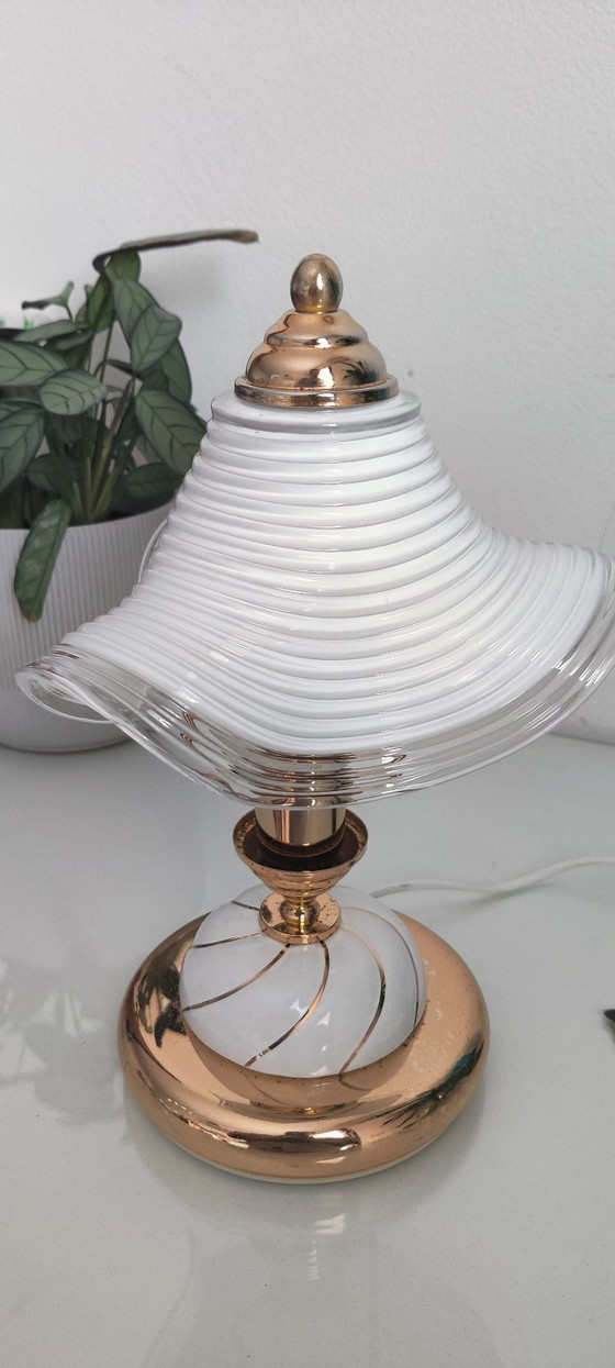 Image 1 of Vintage Hollywood Regency Table Lamps, Set of 2, Wavy Ribbed Opaline Glass, White and Gold Retro Bedside Lighting
