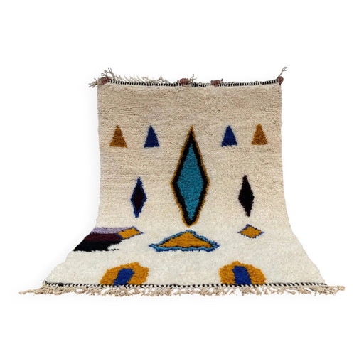Tappeto berbero marocchino crema e blu 250x150 cm – motivi geometrici colorati