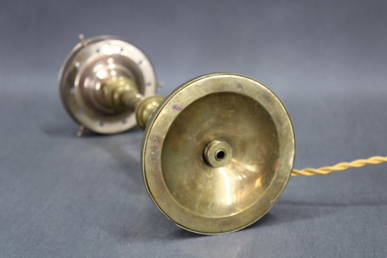 Image 1 of    	 1940s Restored Brass Table Lamp with Wooden Base and Glass Shade