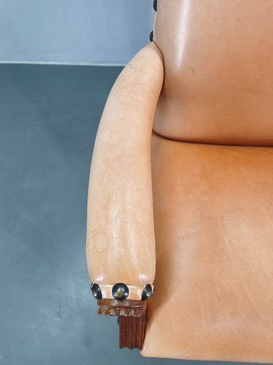 Image 1 of Antieke Deense leren fauteuil, gesneden houten clubfauteuil, begin 1900