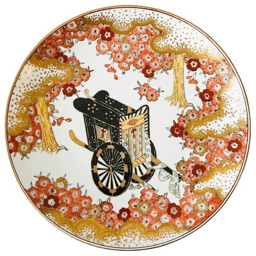 Panneau vintage japonais Imari peint à la main représentant une charrette à bœufs, fleur de cerisier rose, plaqué or