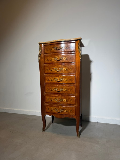 Commode haute de style Louis XV, marqueterie française, avec plateau en marbre – ladekasten, Wood (photo 2 of 6)
