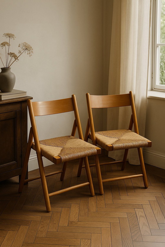 Image 1 of Set of 2 vintage wooden folding chairs with rattan seats – 1970s/1980s kg