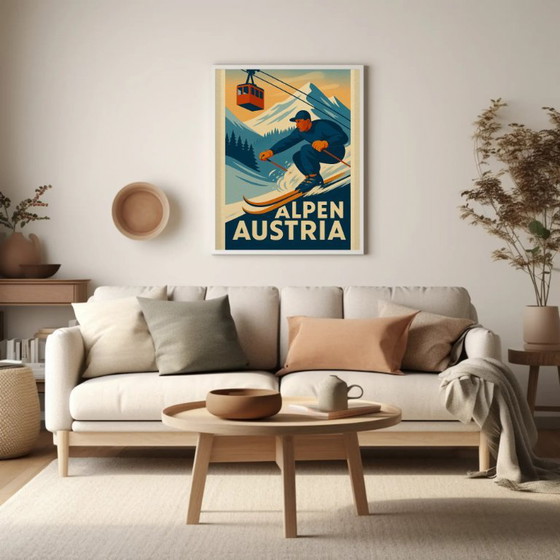 Poster sciatore Alpi austriache stile vintage, Carta, Blu (foto 3 di 6)