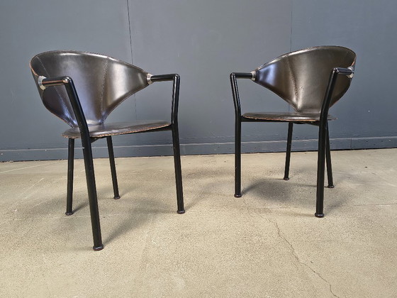 Image 1 of Set aus 6 Leder-Esszimmerstühlen von Segis Italy, 1980er Jahre