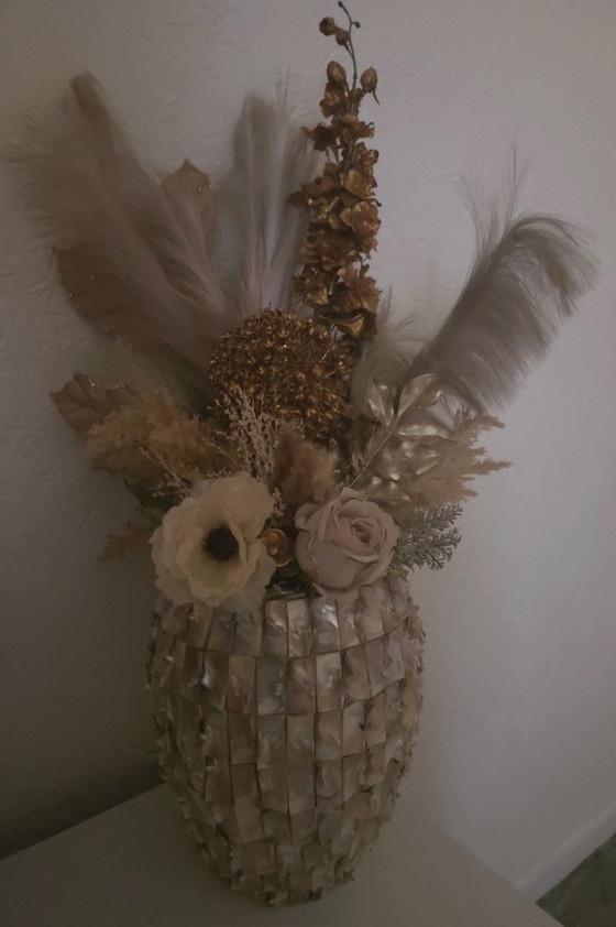 Set di tre vasi con fiori artificiali ed erba della Pampa, Altro, Beige, Hollywood Regency (foto 4 di 5)