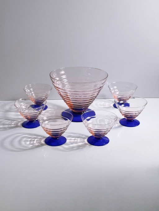 Art Deco Bowl Set Dessert Bowl Italy Empoli 1930s 1940s Cobalt Blue Rosalin Ice Cream Cup Glass Vintage 1980s