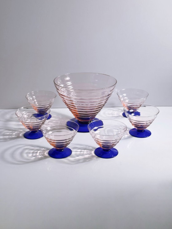 Image 1 of Art Deco Bowl Set Dessert Bowl Italy Empoli 1930s 1940s Cobalt Blue Rosalin Ice Cream Cup Glass Vintage 1980s