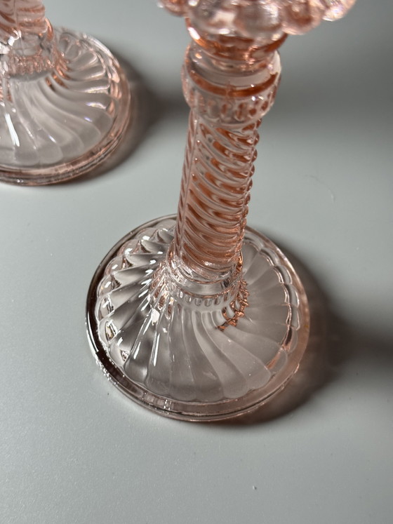 Image 1 of Pair of Art Deco Pink Glass Candlesticks — Pavillons, Belgium, 1920–30s