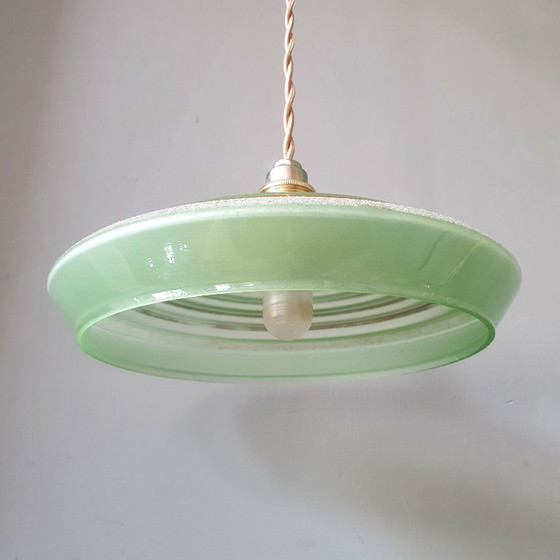 Set of 3 Antique Pendant Lights of Opaline Glass in Green, with Crushed Glass and Gold Decoration (photo 15 of 20)