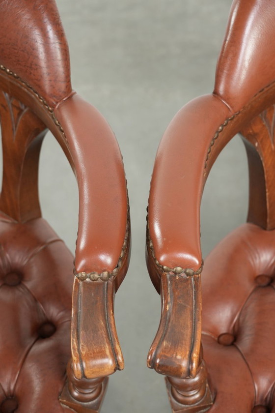 Image 1 of 2 x Swivel English Style Cowhide Leather Chesterfield Office Chairs in a Beautiful Brown Color