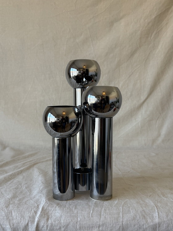 Image 1 of Space Age Design Candlestick – Chrome Plated – Stepped – 70s Vintage