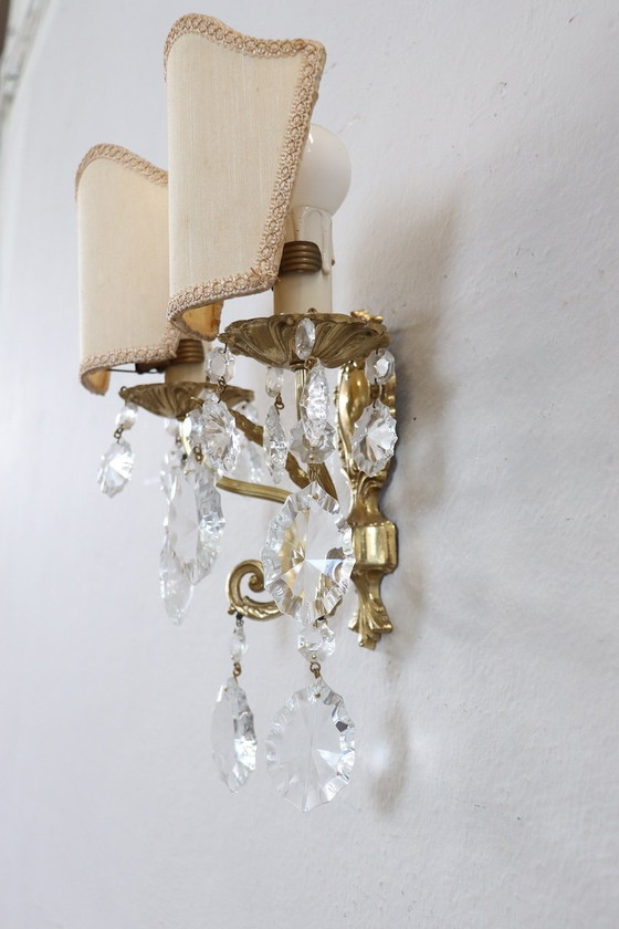 Image 1 of Wall Lights in Gilded Bronze and Crystal, Set of 2, 1980s