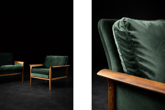 Image 1 of Divano e sedia vintage in palissandro norvegese e velluto verde bottiglia di Knut Sæter per Vatne Møbler, anni '60, set di 2