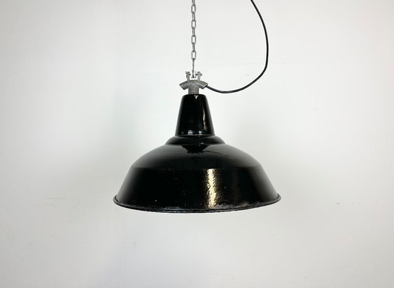 Image 1 of Industrial Black Enamel Factory Lamp with Cast Iron Top, 1960s
