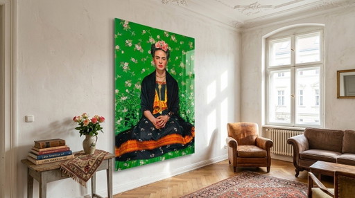 Homenaje exclusivo al retrato de Frida Kahlo Flora – Impresión artística en plexiglás XXL para pared, 100 × 150 cm